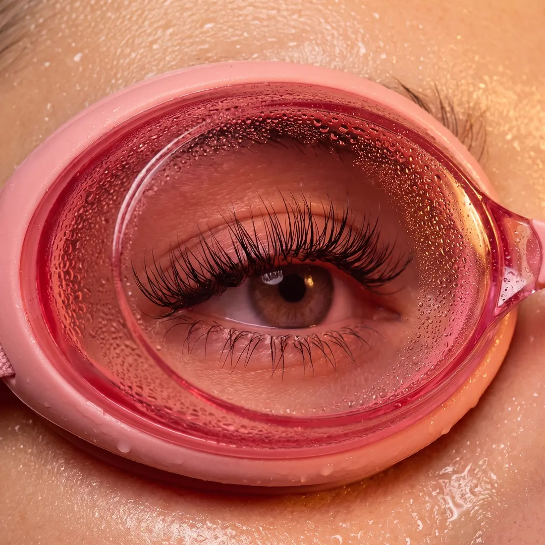Close-up of lash extensions behind a Saunarita lens beaded with steam
