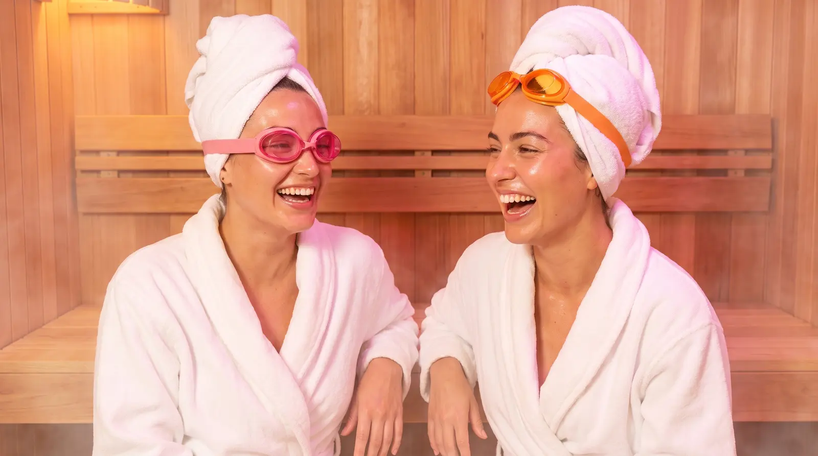 Two friends laughing in a sauna, one wearing guava goggles and one with tangerine goggles pushed up