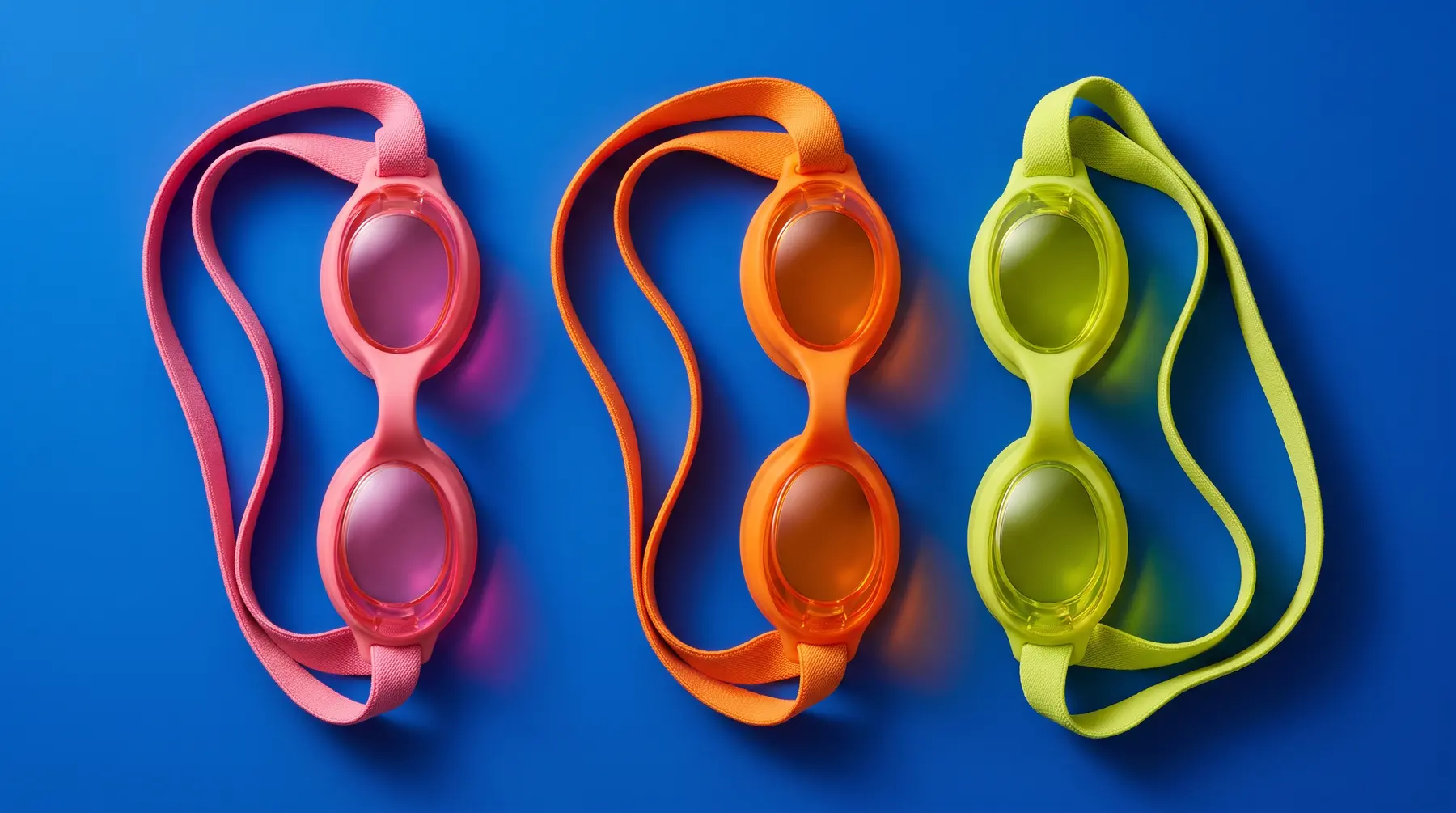 The Goggle in Guava, Tangerine and Lime laid out on cobalt blue