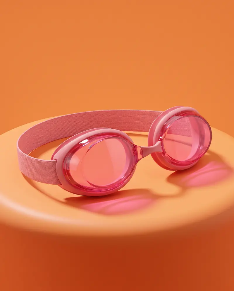The Goggle in Guava on a tangerine plinth